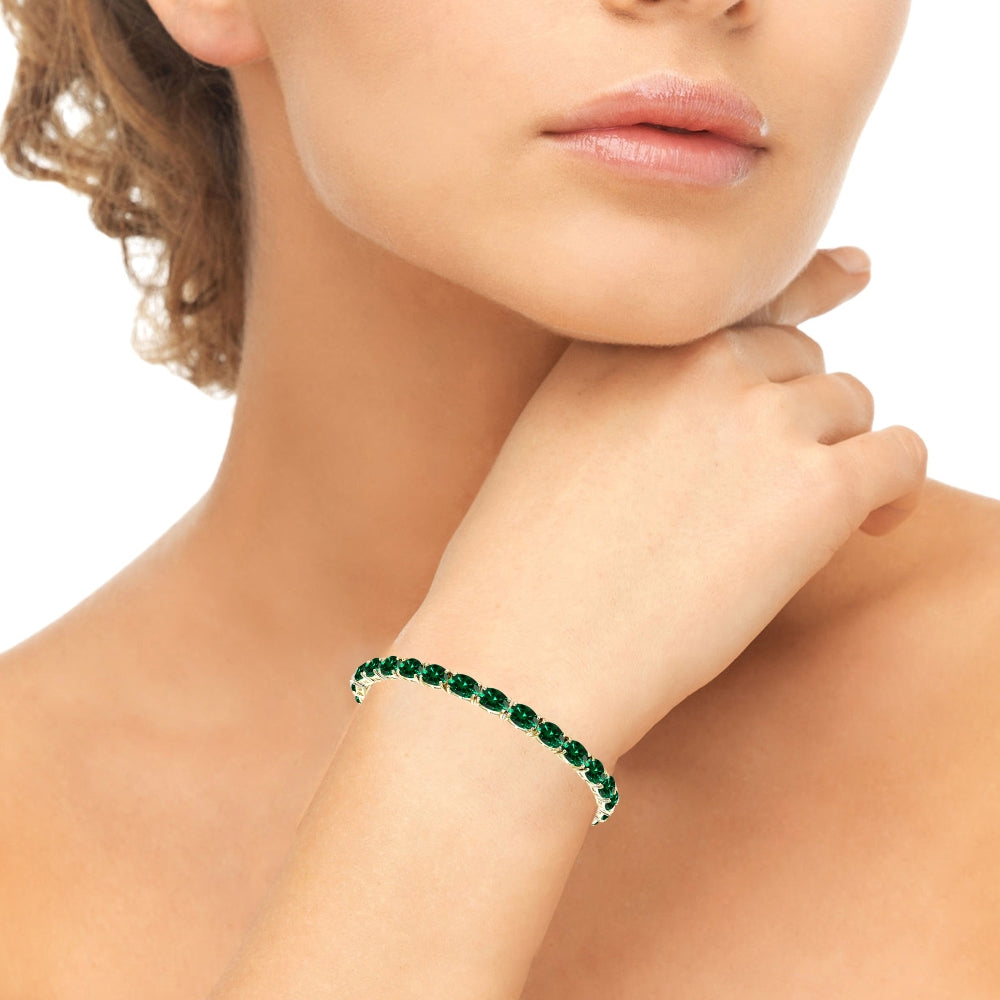 Yellow Gold Flashed Sterling Silver 7x5mm Created Emerald Oval-cut Classic Tennis Bracelet-3