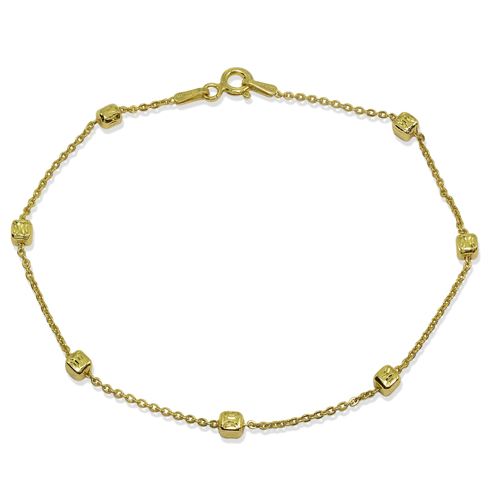 Yellow Gold Flashed Sterling Silver Italian Polished Square Cube Bead Station Cable Chain Bracelet, 7.5 Inch
