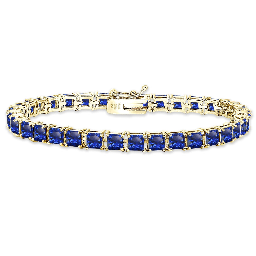 Yellow Gold Flashed Sterling Silver Created Blue Sapphire 4mm Princess-Cut Square Classic Tennis Bracelet