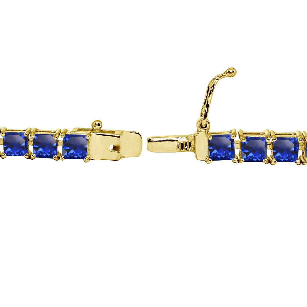 Yellow Gold Flashed Sterling Silver Created Blue Sapphire 4mm Princess-Cut Square Classic Tennis Bracelet-2