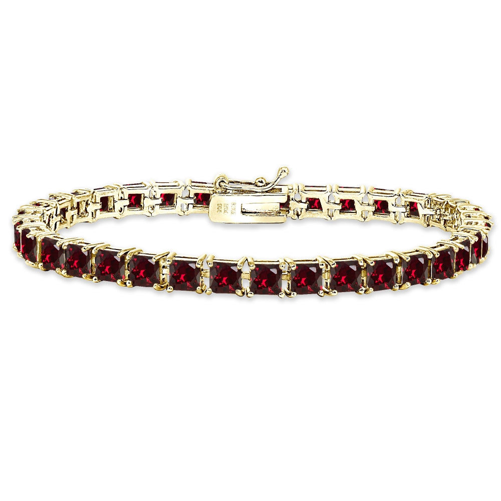 Yellow Gold Flashed Sterling Silver Created Ruby 4mm Princess-Cut Square Classic Tennis Bracelet