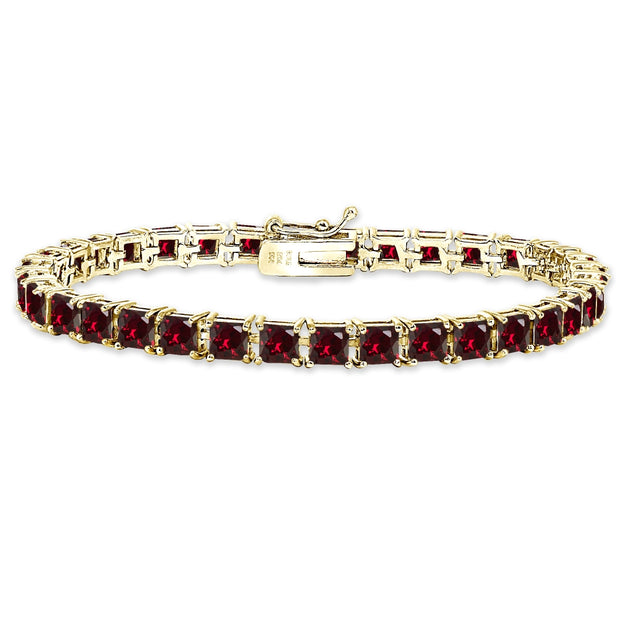 Yellow Gold Flashed Sterling Silver Created Ruby 4mm Princess-Cut Square Classic Tennis Bracelet