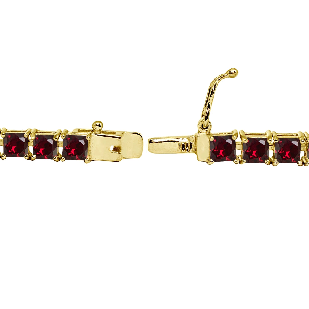 Yellow Gold Flashed Sterling Silver Created Ruby 4mm Princess-Cut Square Classic Tennis Bracelet-2