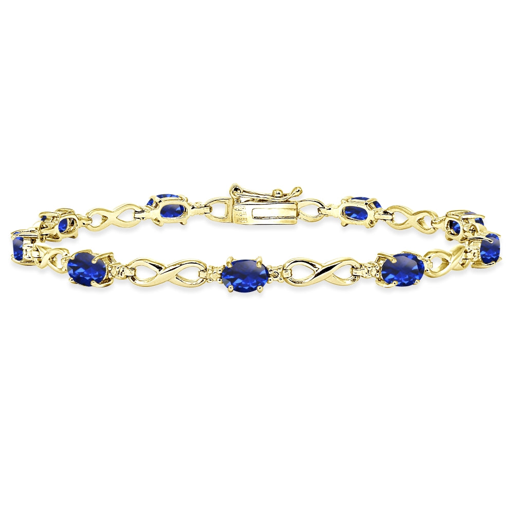 Yellow Gold Flashed Sterling Silver Created Blue Sapphire Oval Polished Infinity Classic Tennis Bracelet