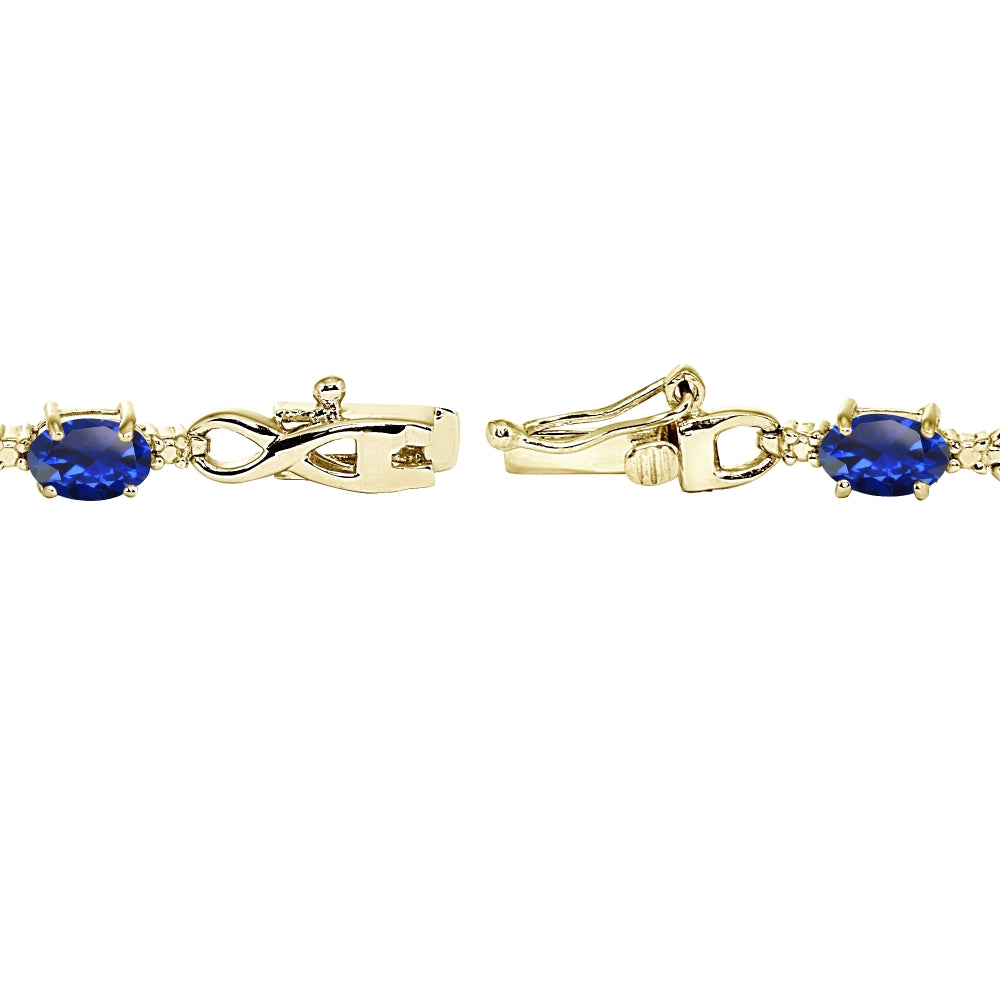 Yellow Gold Flashed Sterling Silver Created Blue Sapphire Oval Polished Infinity Classic Tennis Bracelet-2