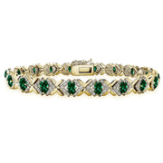 Yellow Gold Flashed Sterling Silver Created Emerald Oval X Design Polished Tennis Bracelet