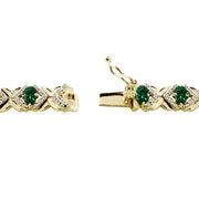 Yellow Gold Flashed Sterling Silver Created Emerald Oval X Design Polished Tennis Bracelet