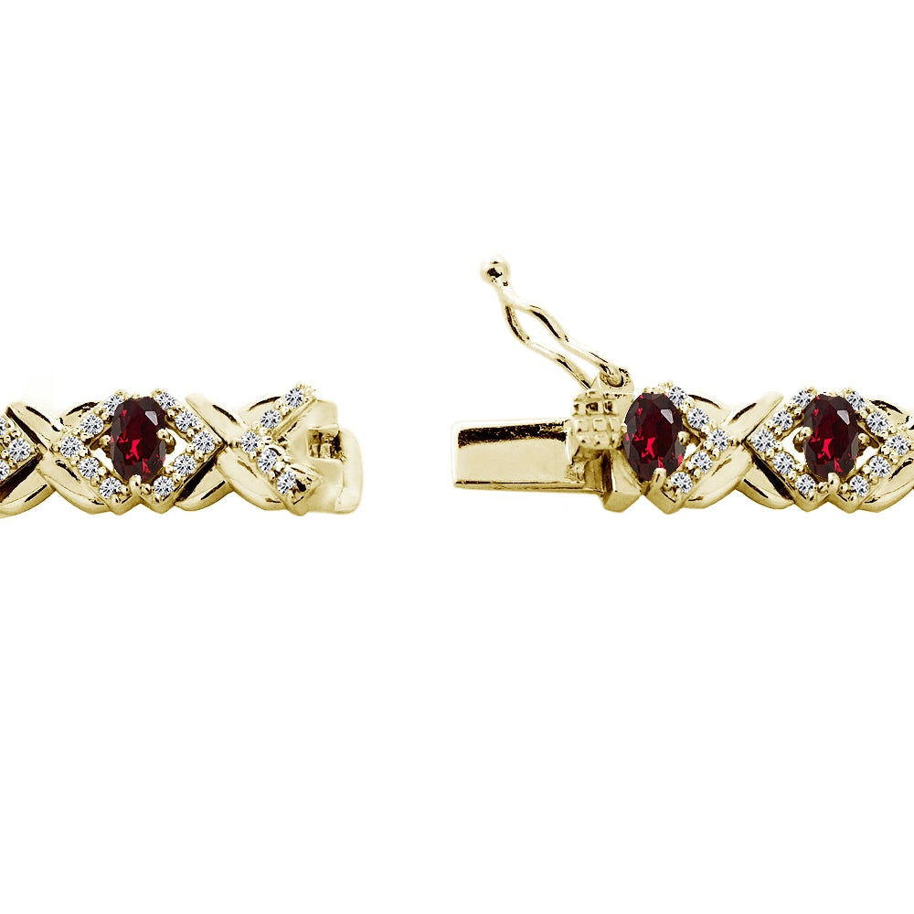 Yellow Gold Flashed Sterling Silver Created Ruby Oval X Design Polished Tennis Bracelet-2