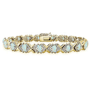Yellow Gold Flashed Sterling Silver Created White Opal Oval X Design Polished Tennis Bracelet