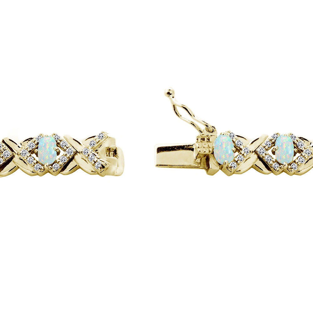 Yellow Gold Flashed Sterling Silver Created White Opal Oval X Design Polished Tennis Bracelet-2