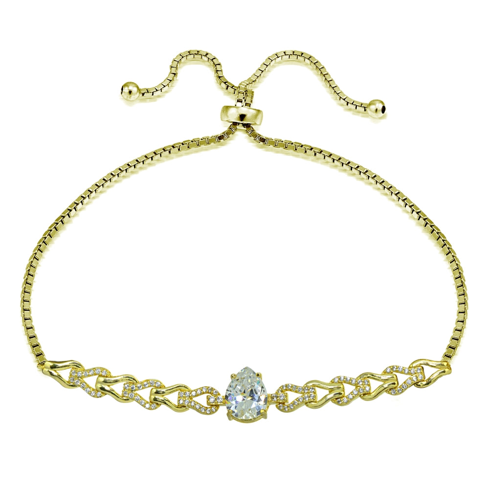 Yellow Gold Flashed Sterling Silver Cubic Zirconia Teardrop Polished Adjustable Pull-String Box Chain Bolo Bracelet