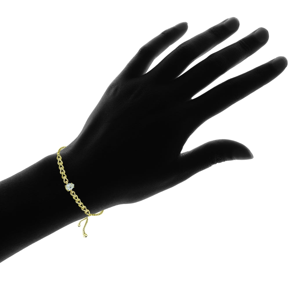 Yellow Gold Flashed Sterling Silver Cubic Zirconia Teardrop Polished Adjustable Pull-String Box Chain Bolo Bracelet-3