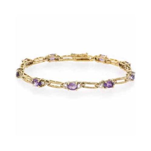 18K Gold over Sterling Silver Amethyst  & Diamond Accent Rectangle Link Bracelet