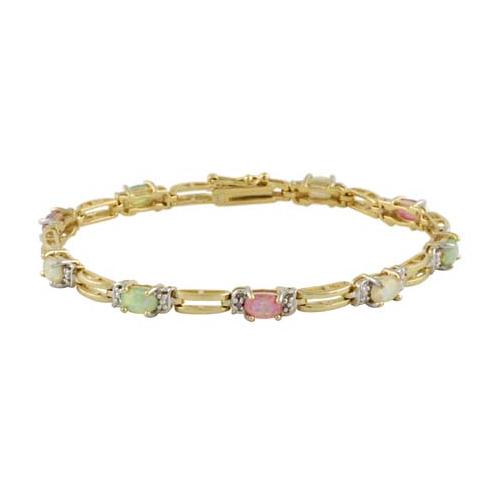 18K Gold over Sterling Silver Created Multi Opal & Diamond Accent  Rectangle Link Bracelet