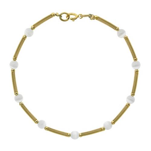 18K Gold over Sterling Silver White Cats Eye Glass Bar & Bead Bracelet