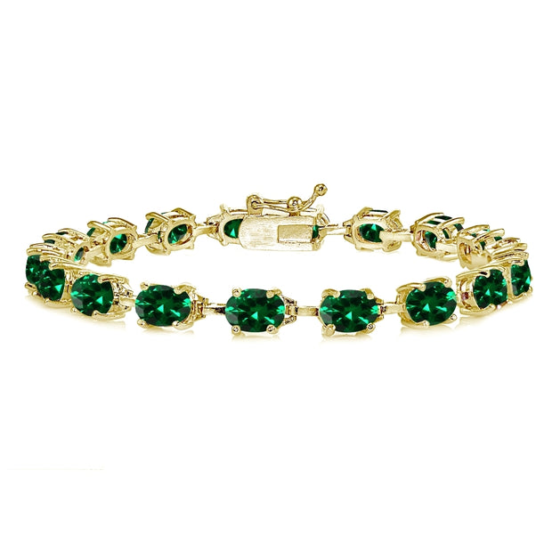 Yellow Gold Flashed Sterling Silver Created Emerald 7x5mm Oval Classic Link Tennis Bracelet