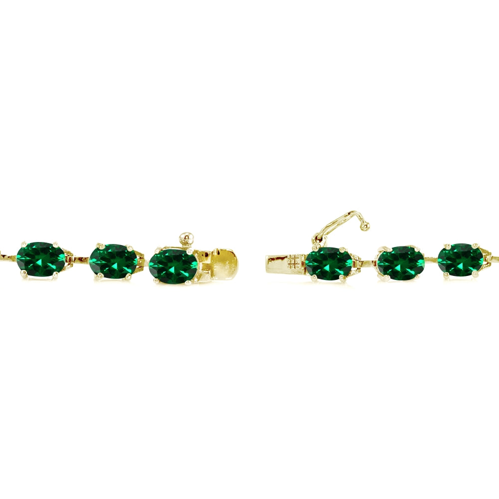 Yellow Gold Flashed Sterling Silver Created Emerald 7x5mm Oval Classic Link Tennis Bracelet-2