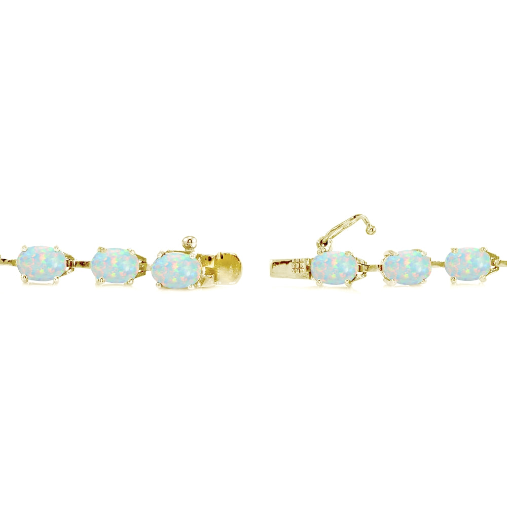 Yellow Gold Flashed Sterling Silver Created White Opal 7x5mm Oval Classic Link Tennis Bracelet-2