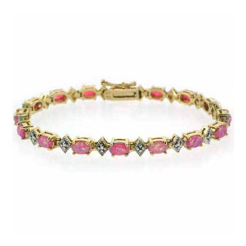 18K Gold over Sterling Silver Created Pink Opal & Diamond Accent Bracelet