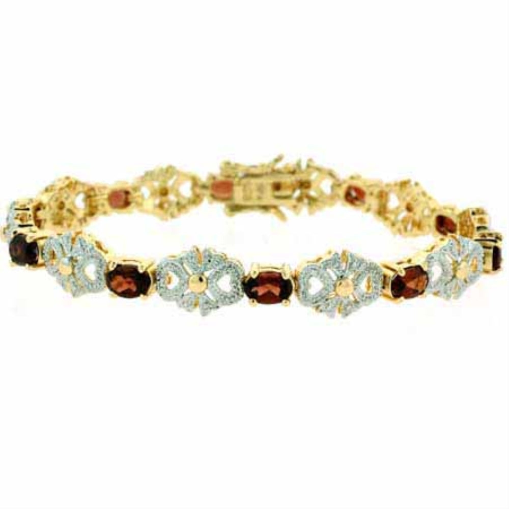 18K Gold over Sterling Silver 5&1/2ct Garnet & Diamond Accent Filigree Bow Bracelet