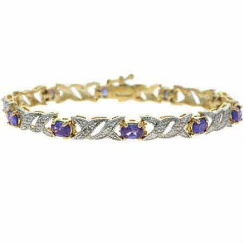 18K Gold over Sterling Silver Tanzanite CZ & Diamond Accent Double X Link Bracelet
