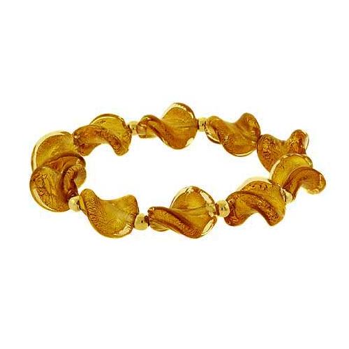 18K Gold over Sterling Silver Champagne Twist Foil Glass Glitter Beaded Stretch Bracelet