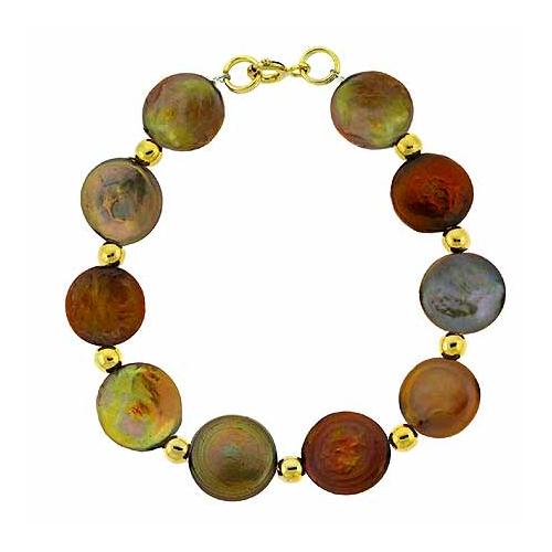 18K Gold over Sterling Silver Freshwater Green, Chocolate, & Champagne Coin Pearls & Beads Bracelet