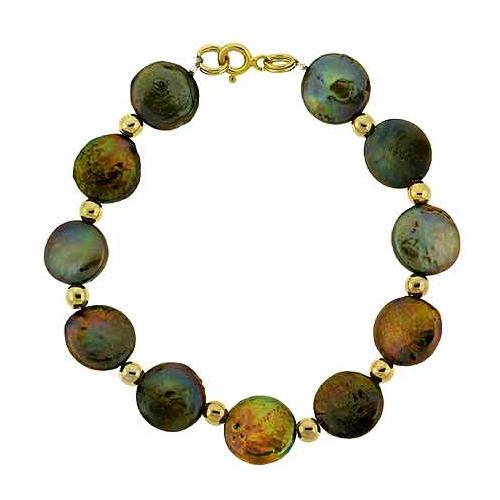 18K Gold over Sterling Silver Freshwater Cultured Coin Pearls & Beads Bracelet
