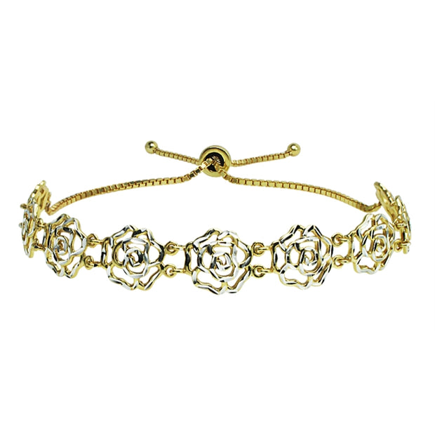 Yellow Gold Flashed Sterling Silver Two-Tone Diamond-Cut Filigree Rose Flower Adjustable Bracelet