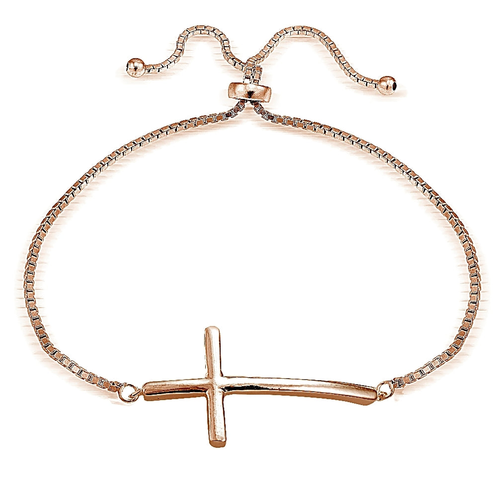 Rose Gold Flashed Sterling Silver Cross Polished Adjustable Bracelet