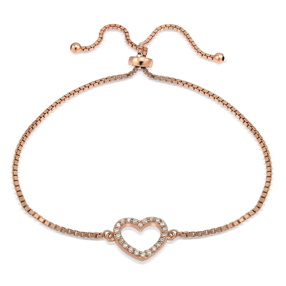 Rose Gold Tone over Sterling Silver Cubic Zirconia Open Heart Adjustable Bracelet