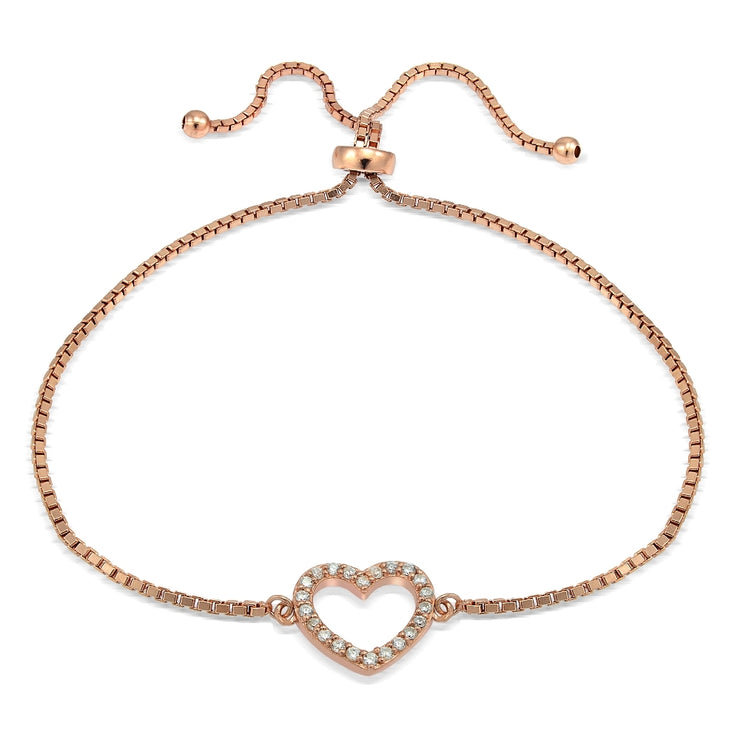 Rose Gold Tone over Sterling Silver Cubic Zirconia Open Heart Adjustable Bracelet