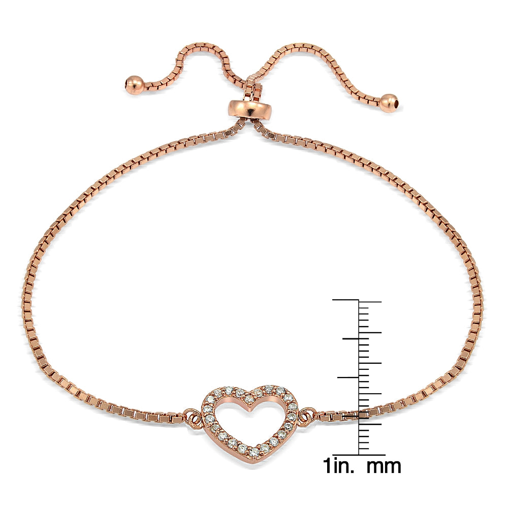 Rose Gold Tone over Sterling Silver Cubic Zirconia Open Heart Adjustable Bracelet-2