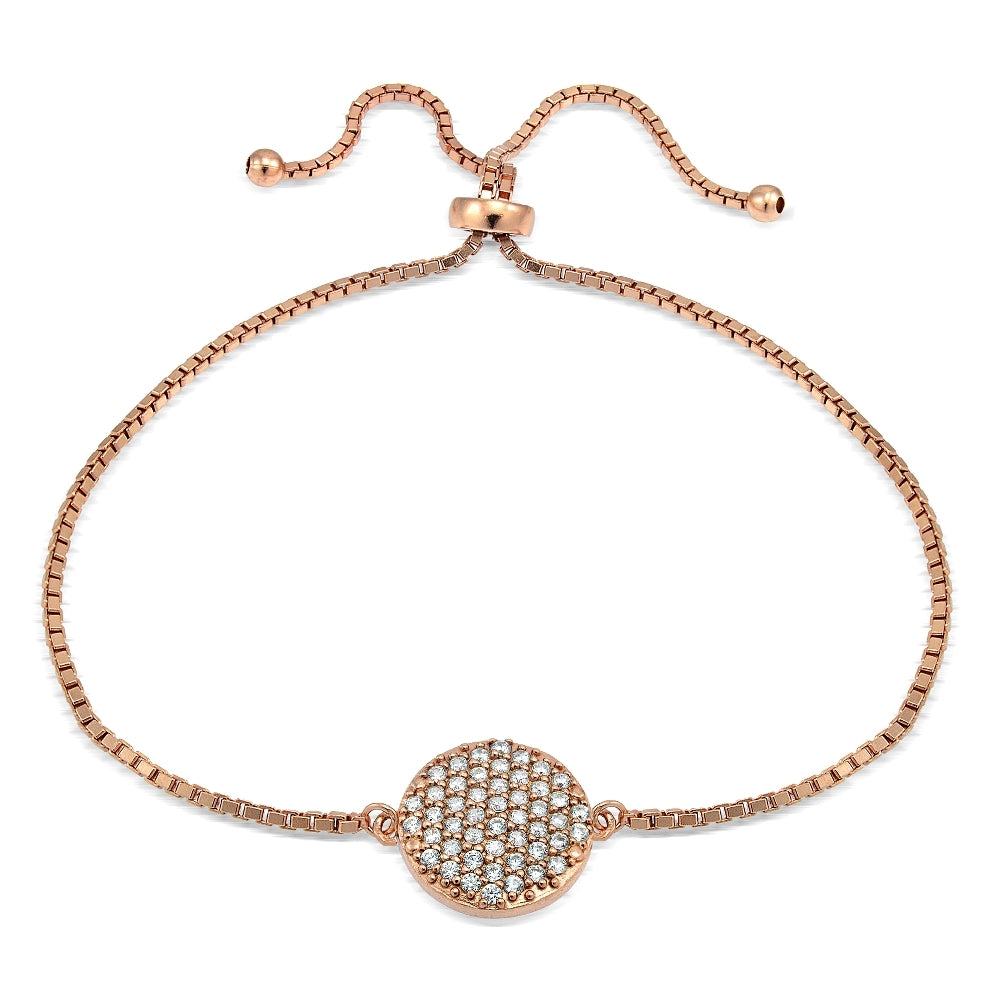 Rose Gold Tone over Sterling Silver Cubic Zirconia Circle Charm Adjustable Bracelet