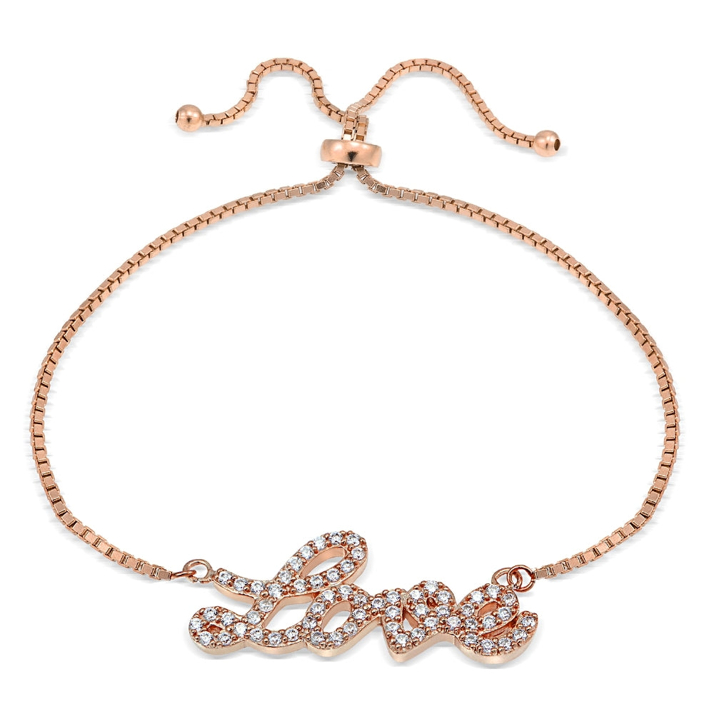 Rose Gold Tone over Sterling Silver Cubic Zirconia 'Love' Adjustable Bracelet
