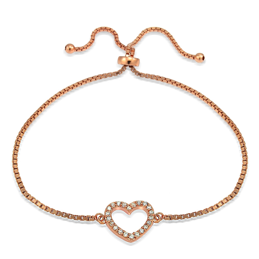 Rose Gold Tone over Sterling Silver Cubic Zirconia Open Heart Adjustable Bracelet