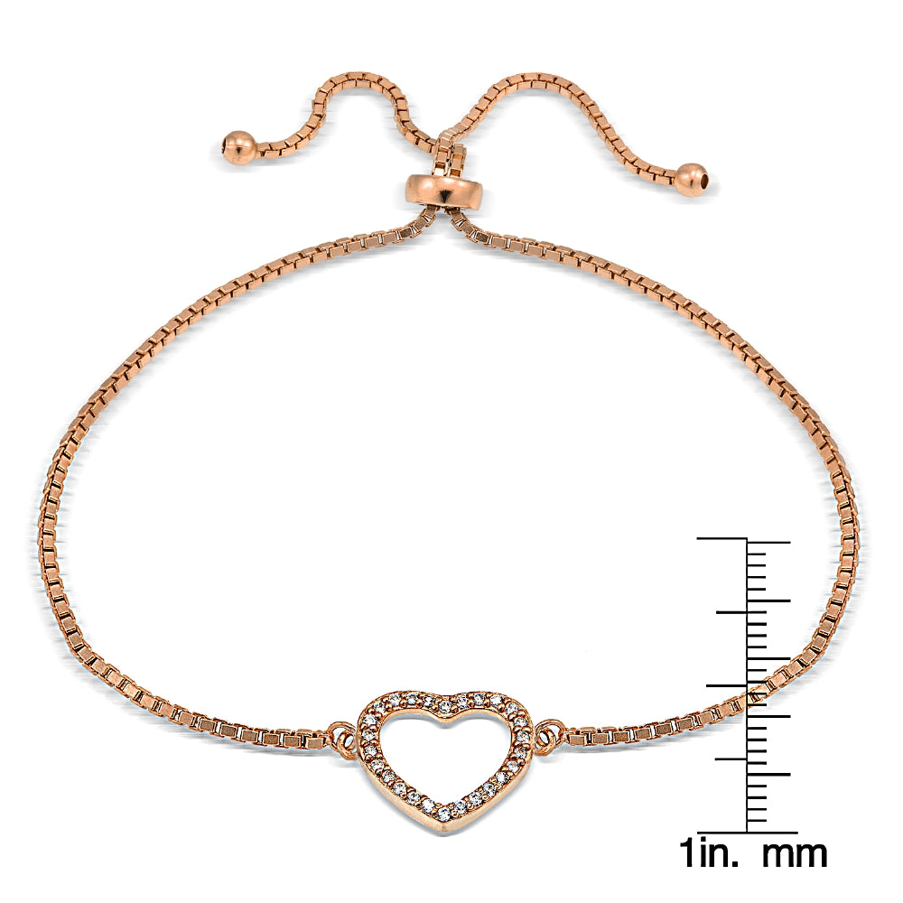 Rose Gold Tone over Sterling Silver Cubic Zirconia Open Heart Adjustable Bracelet-2