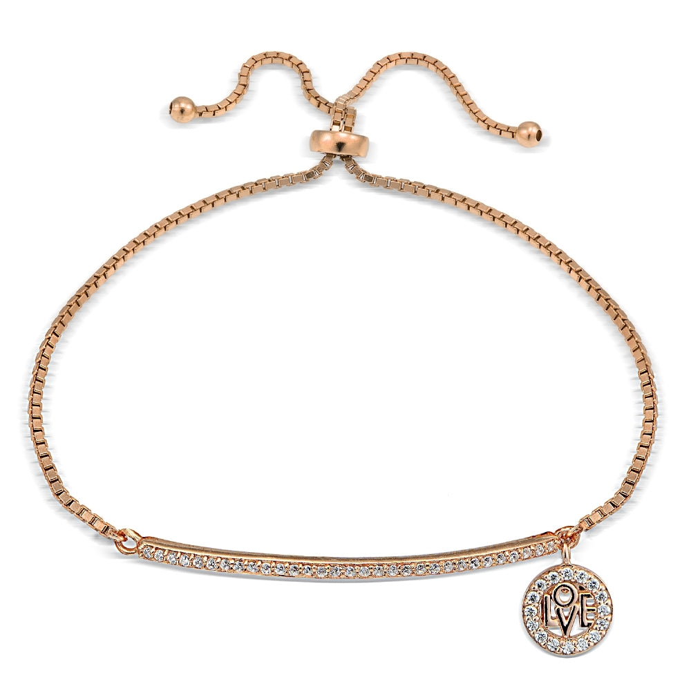 Rose Gold Tone over Sterling Silver  Cubic Zirconia 'Love' Charm Bar Adjustable Bracelet