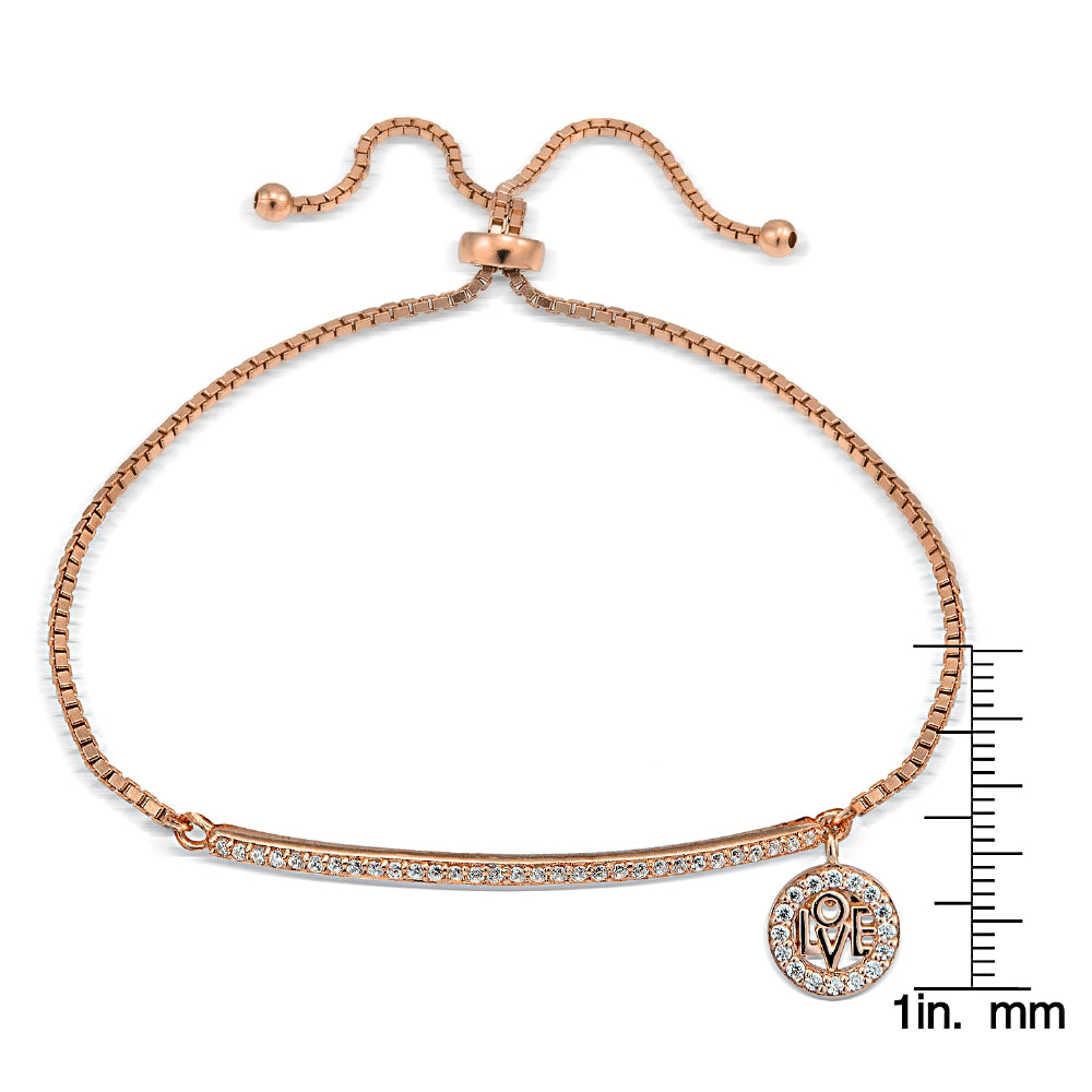 Rose Gold Tone over Sterling Silver  Cubic Zirconia 'Love' Charm Bar Adjustable Bracelet-2