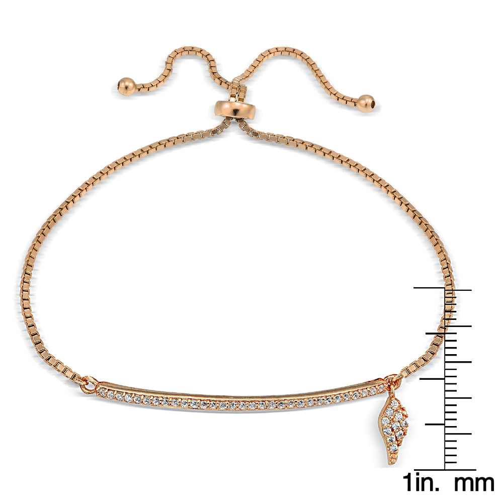 Rose Gold Tone over Sterling Silver Cubic Zirconia Bar Wing Charm Adjustable Bracelet-2