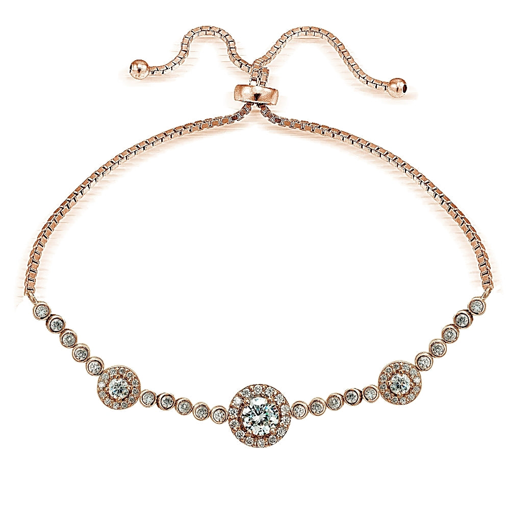 Rose Gold Tone over Sterling Silver Cubic Zirconia 3-Stone Halo Adjustable Bracelet