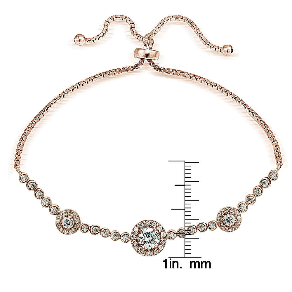 Rose Gold Tone over Sterling Silver Cubic Zirconia 3-Stone Halo Adjustable Bracelet-3