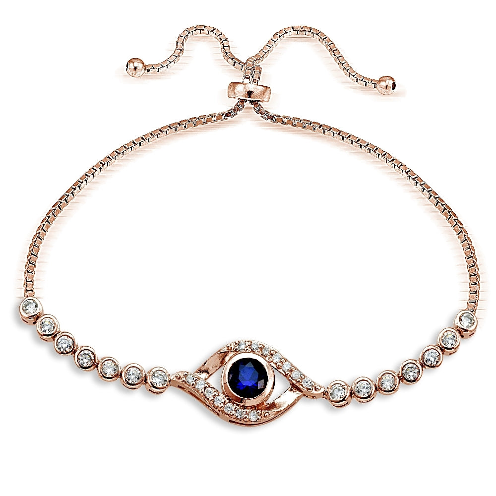 Rose Gold Tone over Sterling Silver Blue Cubic Zirconia Evil Eye Adjustable Bracelet