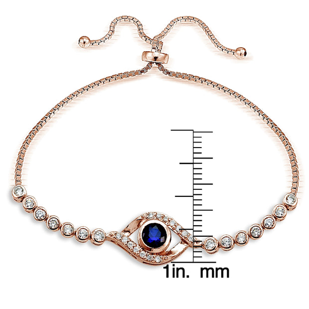 Rose Gold Tone over Sterling Silver Blue Cubic Zirconia Evil Eye Adjustable Bracelet