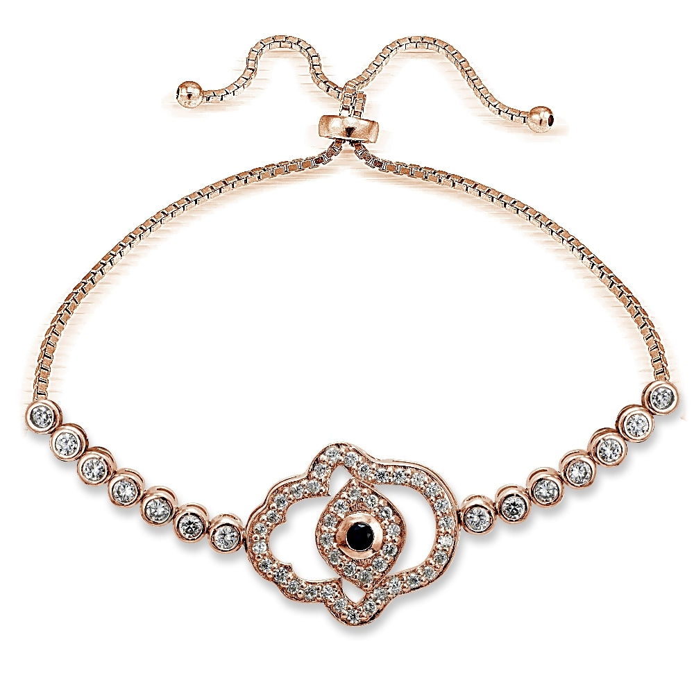 Rose Gold Tone over Sterling Silver Blue Cubic Zirconia Hamsa Evil Eye Adjustable Bracelet