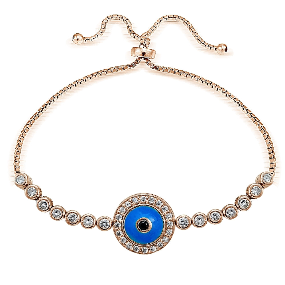 Rose Gold Tone over Sterling Silver Blue Cubic Zirconia Enamel Round Evil Eye Adjustable Bracelet