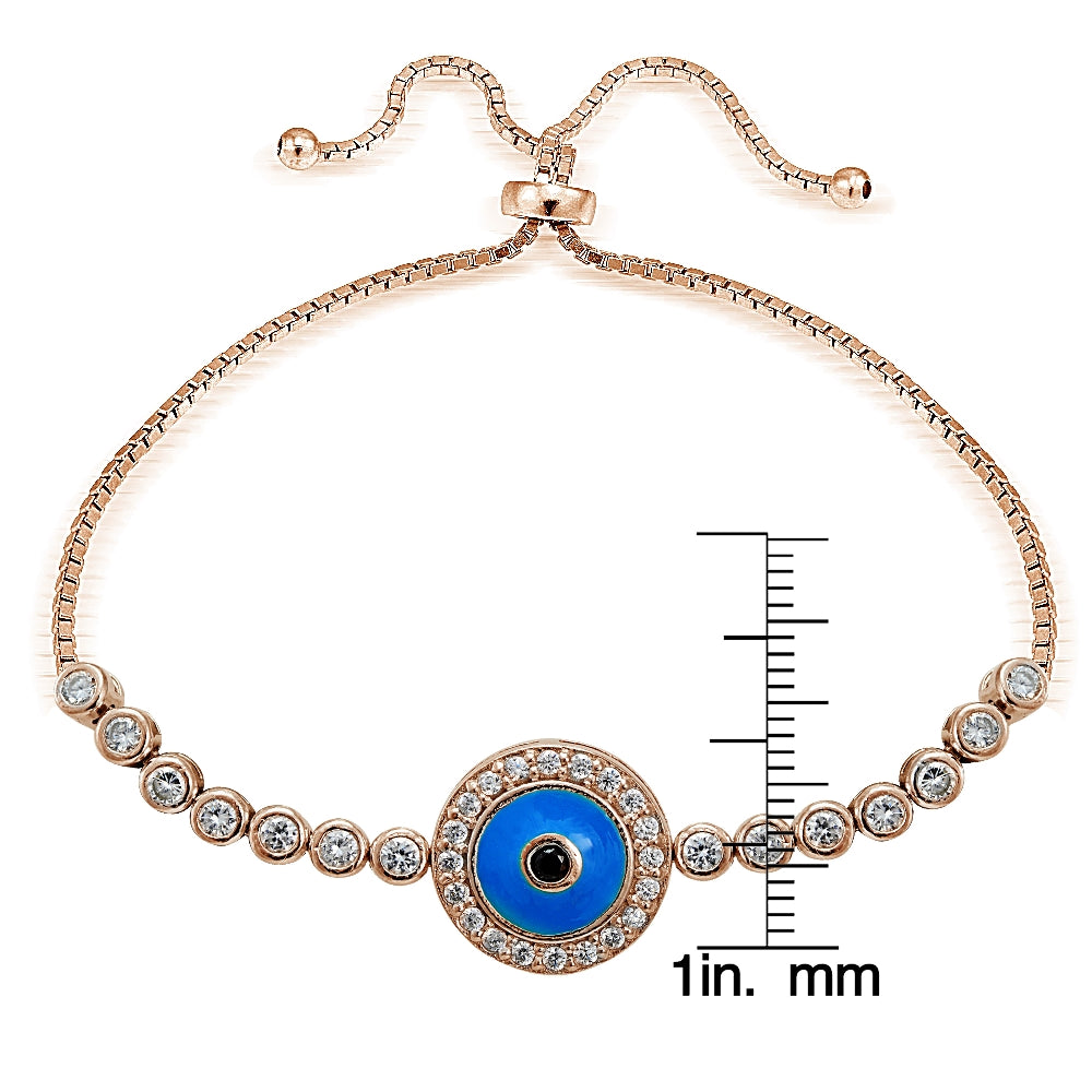 Rose Gold Tone over Sterling Silver Blue Cubic Zirconia Enamel Round Evil Eye Adjustable Bracelet-3