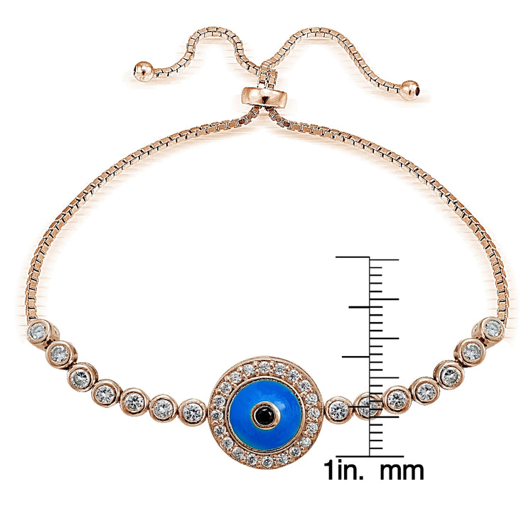 Rose Gold Tone over Sterling Silver Blue Cubic Zirconia Enamel Round Evil Eye Adjustable Bracelet