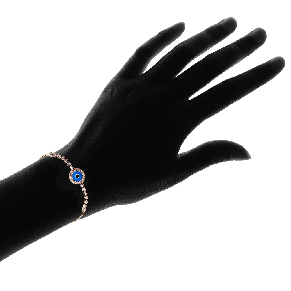 Rose Gold Tone over Sterling Silver Blue Cubic Zirconia Enamel Round Evil Eye Adjustable Bracelet-4