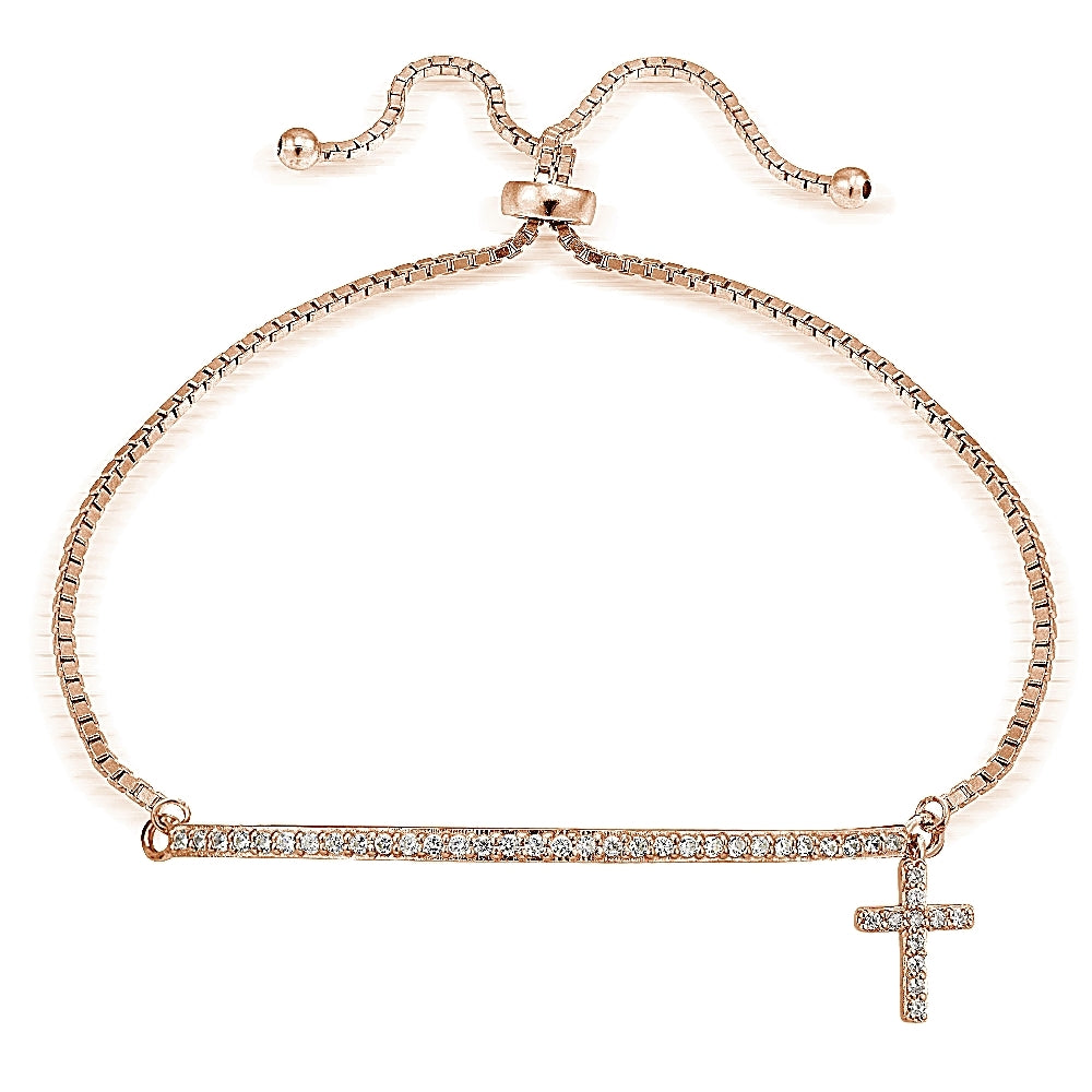 Rose Gold Tone over Sterling Silver Cubic Zirconia Cross & Bar Adjustable Bracelet